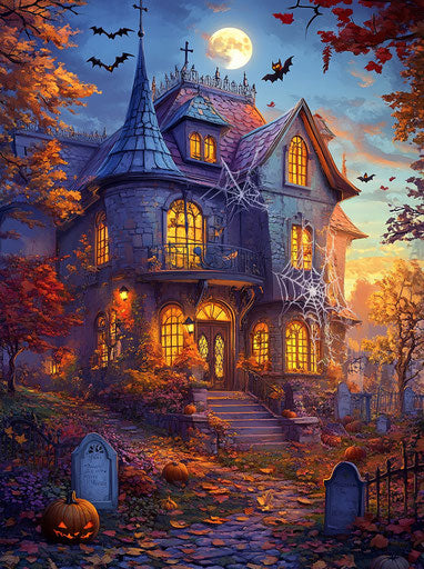 Haunted house with graveyard, glowing moon, flying witch, autumn leaves and warm lights
