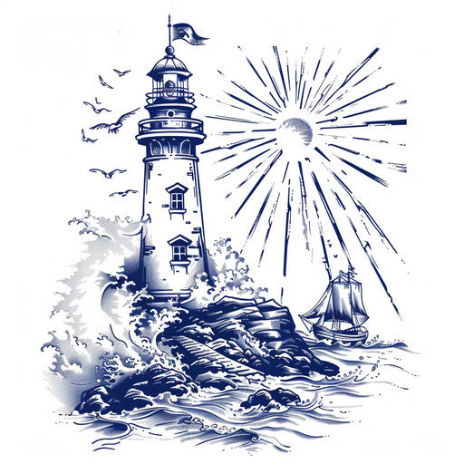 Nautical tattoo sketch of a lighthouse guiding ships with a beam of light, clipart style