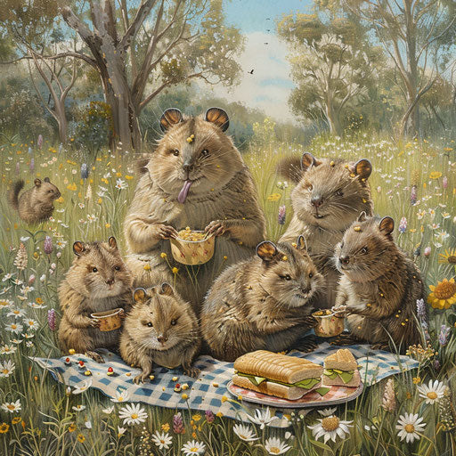 Quokkas picnic in wildflower meadow with gingham blanket