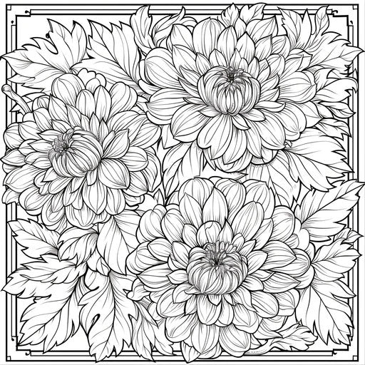 Detailed floral pattern with chrysanthemums and autumn leaves