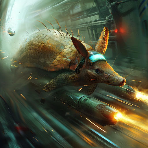 An armadillo racing in a high-speed futuristic vehicle