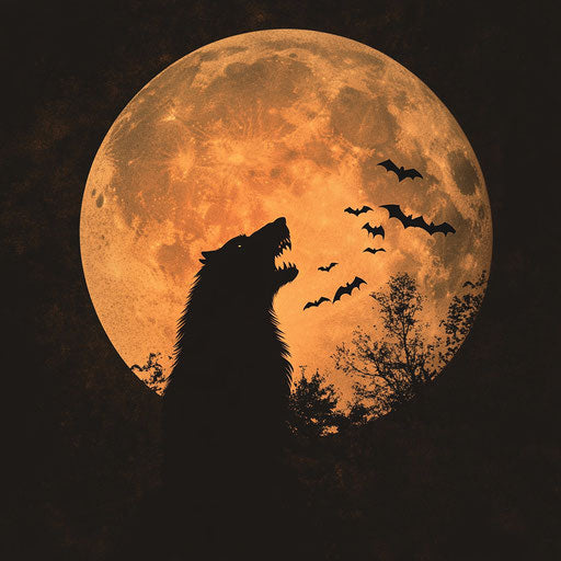 Werewolf under the full moon, bats in the sky