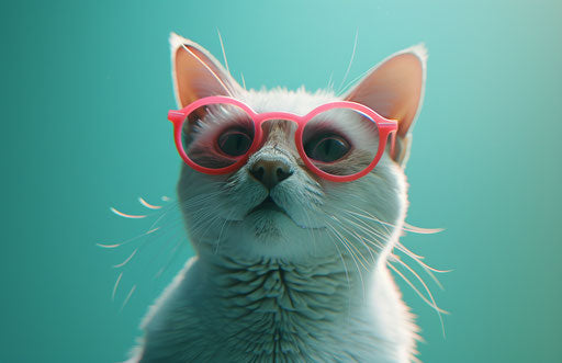 Cat with pink sunglasses on green background, ultra realistic style