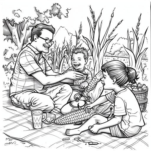 Playful family picnic with corn coloring page