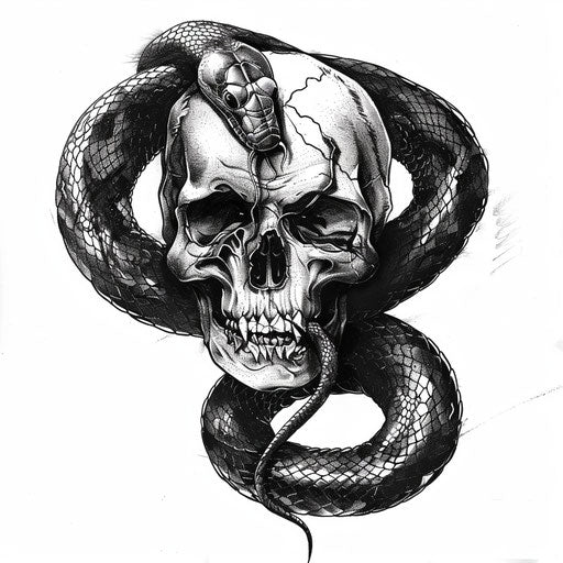 Bold sketch of a black mamba wrapped around a skull