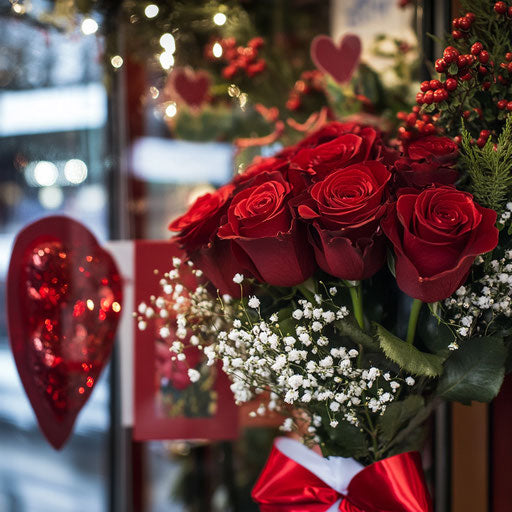 Bouquet of red roses with baby's breath and white ribbon
