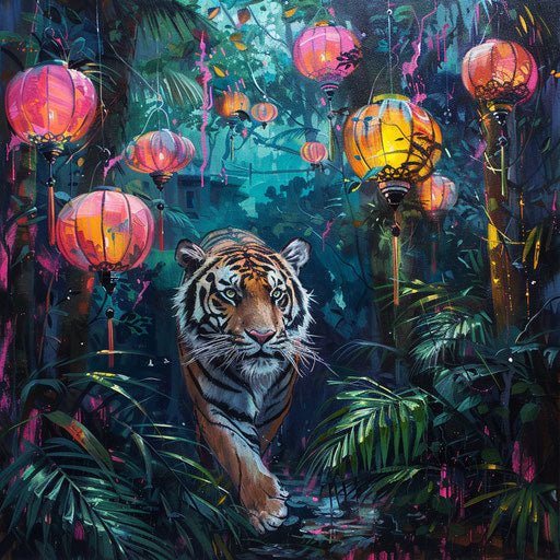 Tiger amidst colorful lanterns