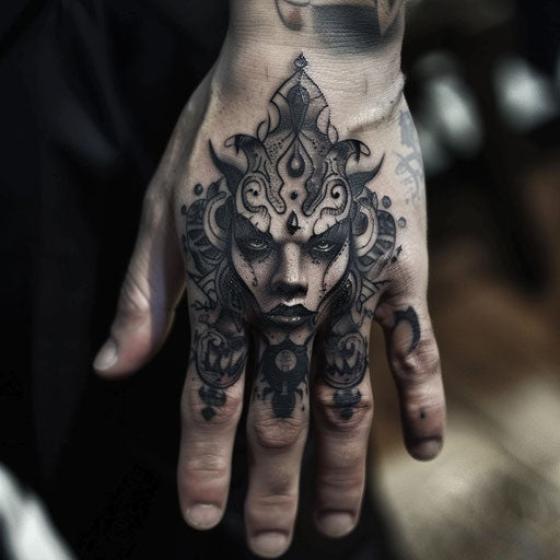 Men's finger tattoos in the style of Gerald Brom with gothic, fantastical elements