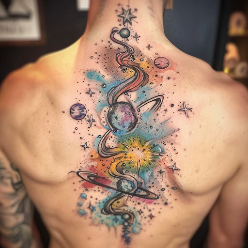 Surreal cosmic spine tattoo design
