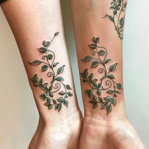 Mother and daughter tattoos of intertwined vines, Guy Aitchison style, wrist