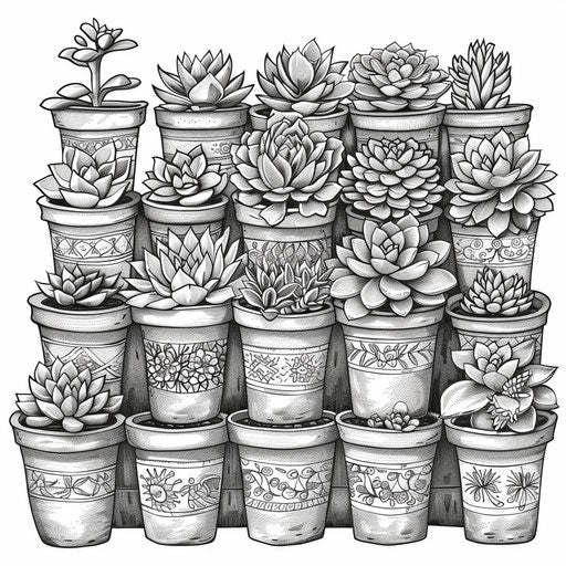 Succulent plants in terracotta pots with intricate designs. Coloring book page
