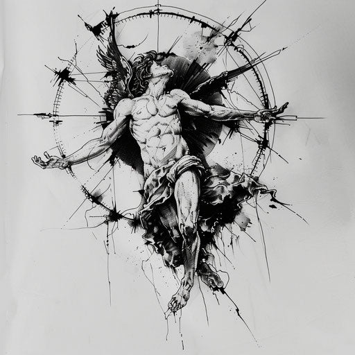 Dynamic flat tattoo sketch of Lucifer falling from heaven surrounded by abstract celestial motifs