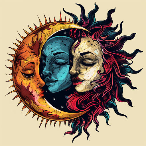 Beautiful flat tattoo sketch of intertwined sun and moon, vibrant colors
