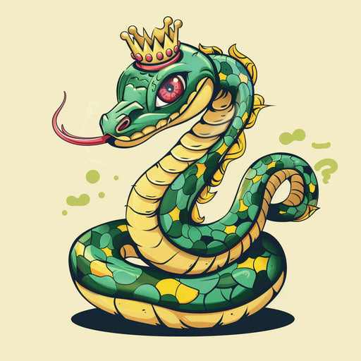 Whimsical flat tattoo sketch of a cartoon serpent sporting a crown
