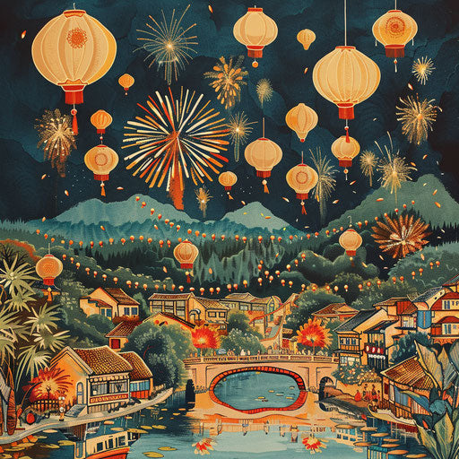 Dynamic sketch of a riverside festival with lanterns and fireworks
