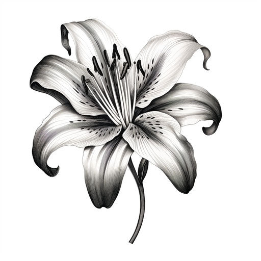 Black and white lily flower drawing, tattoo style
