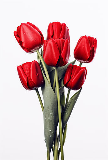 Red tulips on white background, UHD style, high resolution