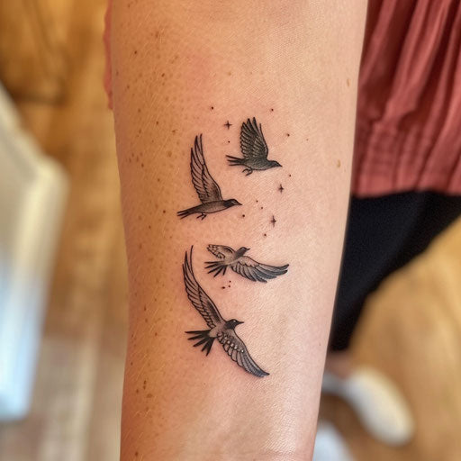 Feathers of mother and daughter turning into birds