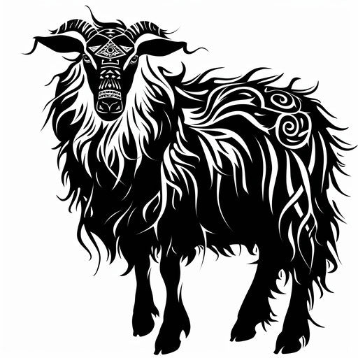 Digital art of a black sheep with tribal tattoos, designed as a tattoo template, on a white setting.