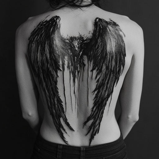 Dark wings tattoo on back reaching down to lower back