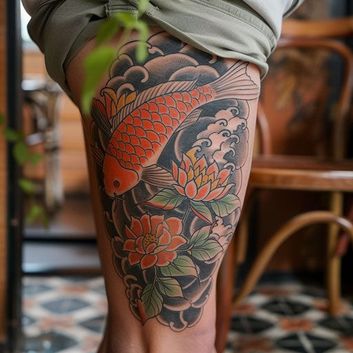 Knee tattoos in the style of Ami James featuring a traditional koi fish