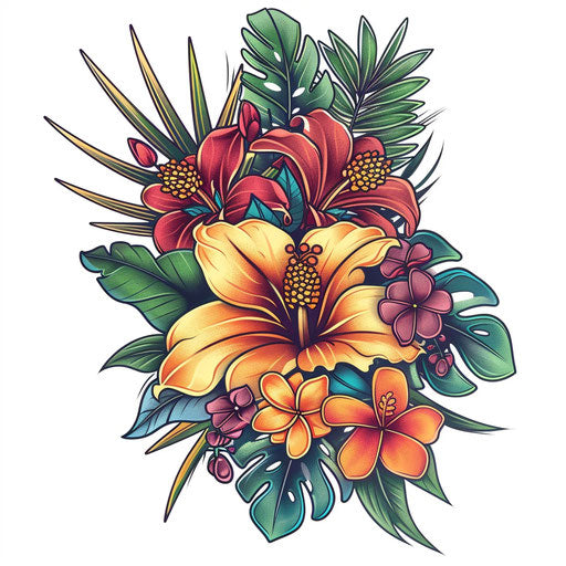 Whimsical flat tattoo sketch of a Hawaiian floral arrangement