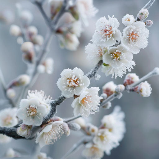 Natural contrast: frost on early spring blooms