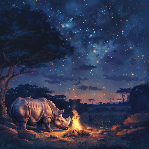 Rhino by campfire under starry sky