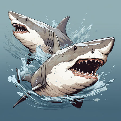 Two sharks swimming in the sea, dark and light, traditional