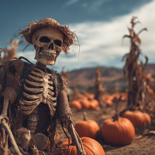 A Spooky Skeleton Scarecrow in a Pumpkin Patch