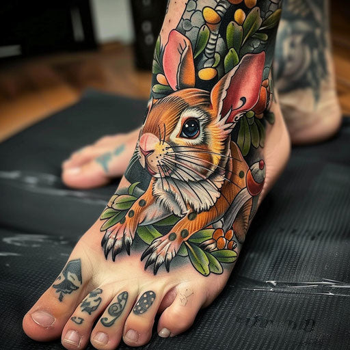 Foot tattoos in the style of Steve Sack featuring funny animals