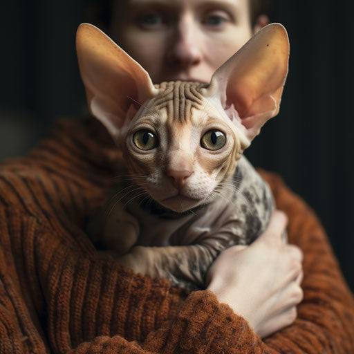 Cornish rex cat held by owner