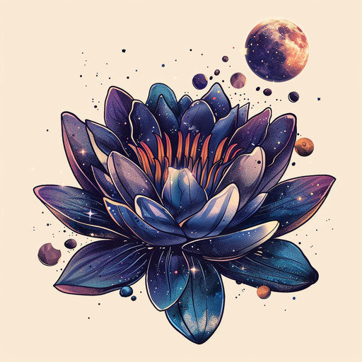 Space-themed water lily tattoo design