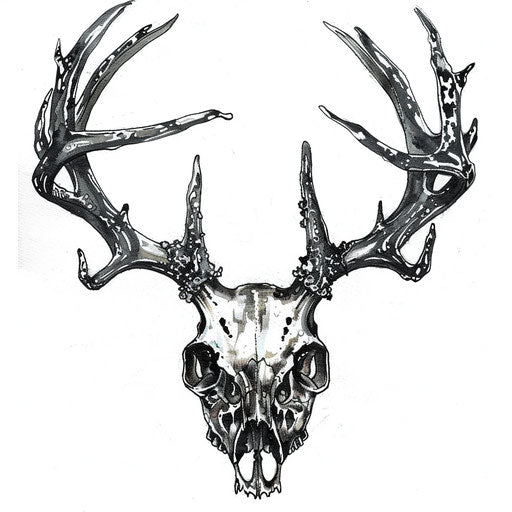 Intricate black and gray deer skull tattoo on white background