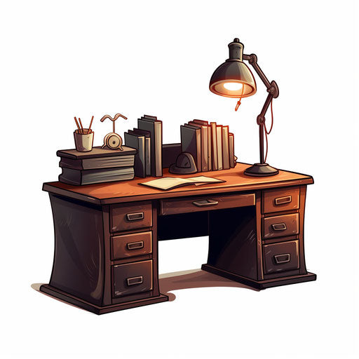 Desk clipart in the style of Chiaroscuro Art, on a white background