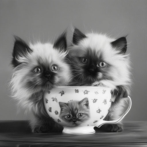 Pair of Himalayan kittens in teacup, looking curious