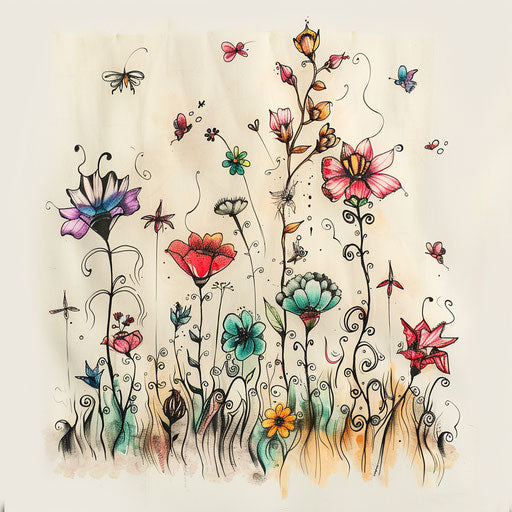 Dreamy illustration of a garden of talking flowers from Alice in Wonderland