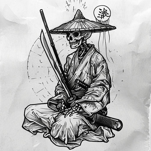 Classic flat tattoo sketch of a shinigami seated with a traditional samurai sword