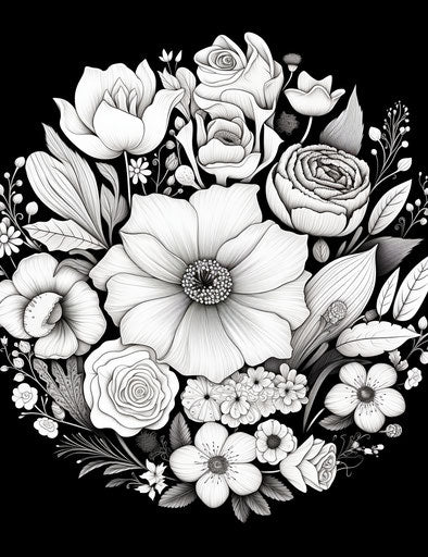 Black and white flowers in a round design, fantastical style, delicate colors