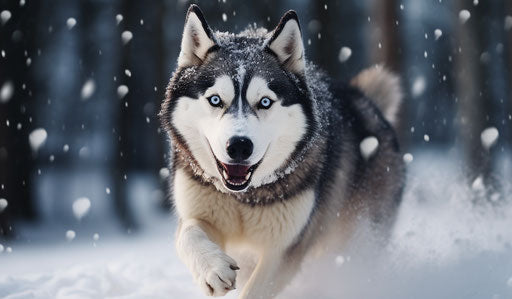 Husky dog running in snow, light navy and light gray style