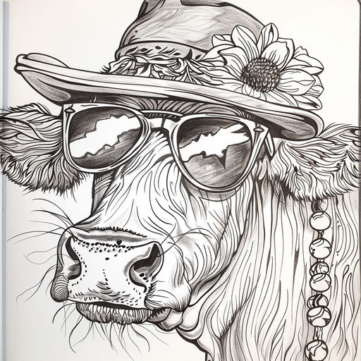 A whimsical cow with a hat and sunglasses