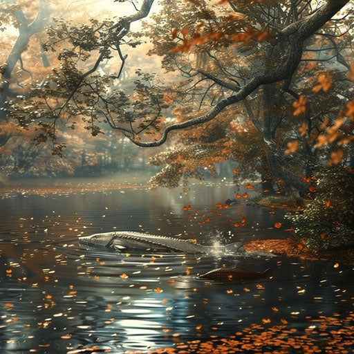 White sturgeon swimming in autumn river