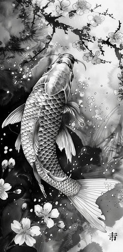 Chinese fish in black and white, in the style of birds & flowers, manga-influenced, realistic yet stylized, cherry blossoms, dark yellow and dark cyan 37:76