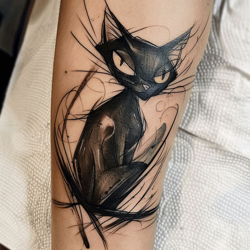 Black cat tattoo with a twist of surrealism