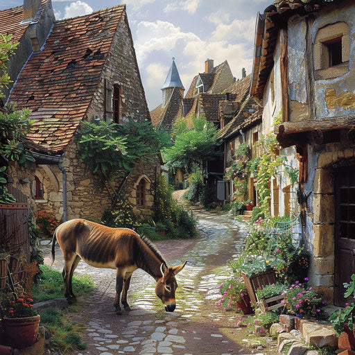 Donkey grazing near a quaint village with cobblestone streets