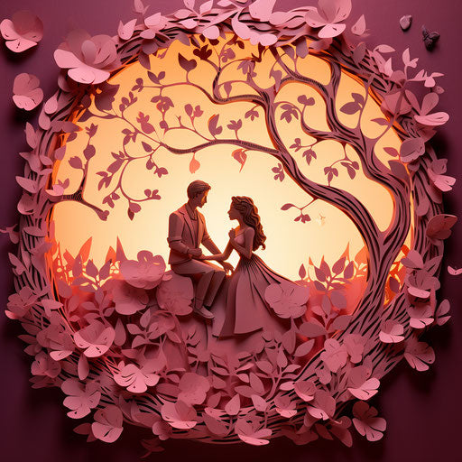 Romantic paper art of couple under rose tree