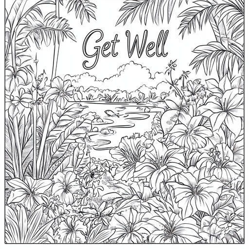 Exotic scene with tropical plants and "Get Well" card, in the style of Raqib Shaw, Coloring book page.