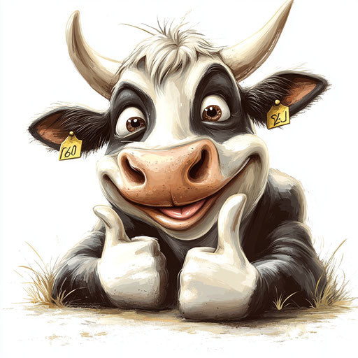 Humorous caricature of a cow head with human characteristics, exaggerated long eyelashes, muscular arms, lying on the ground, vibrant colors, cartoon style, thumbs up, high-resolution, no background, isolated