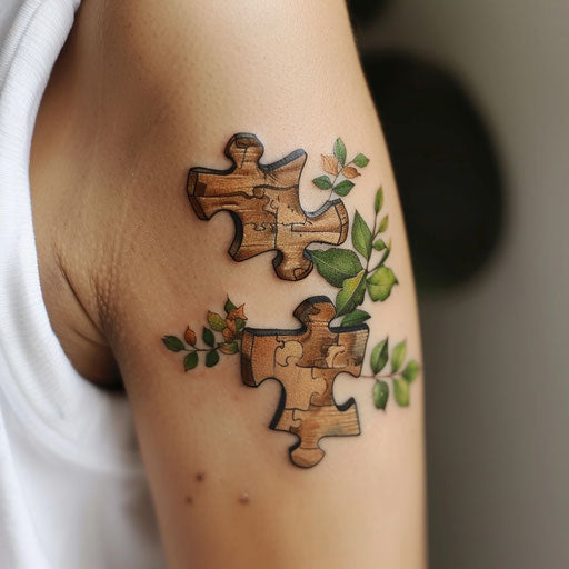 Rustic puzzle piece tattoo mimicking wood textures with leaves