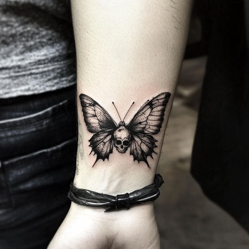 Skull butterfly wrist tattoo with gothic themes